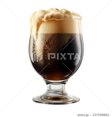 Overflowing glass of fizzy dark soda or beer with rich foam isolated on white background, concept of refreshment and taste Overflowing glass of fizzy dark soda or beer with rich foam isolated on white background, concept of refreshment and taste 137599662