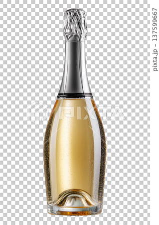 Clear sparkling wine bottle with gold foil shown isolated on white background, concept of celebration and elegance 137599667