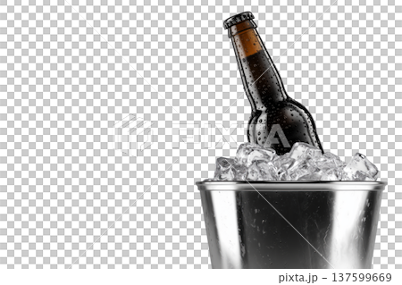 Set of cold beer bottles in a shiny metal bucket with ice cubes isolated on white background, concept refreshment 137599669