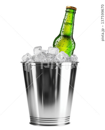 Set of cold beer bottles in a shiny metal bucket with ice cubes isolated on white background, concept refreshment Set of cold beer bottles in a shiny metal bucket with ice cubes isolated on white background, concept refreshment 137599670