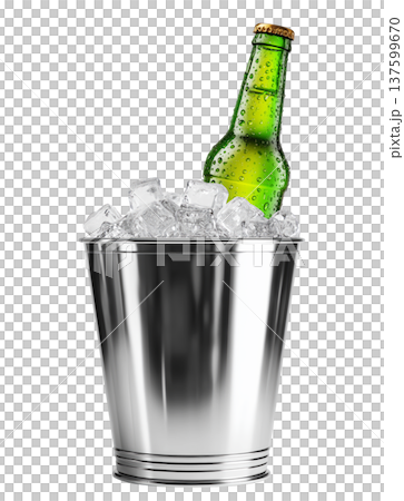 Set of cold beer bottles in a shiny metal bucket with ice cubes isolated on white background, concept refreshment Set of cold beer bottles in a shiny metal bucket with ice cubes isolated on white background, concept refreshment 137599670
