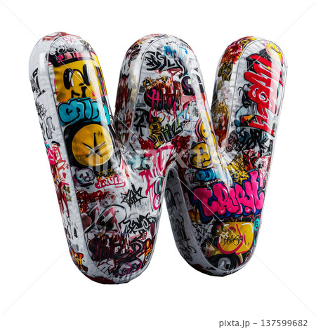 Inflatable letter W covered in graffiti art isolated on white background, representing urban creativity and bold street concept 137599682