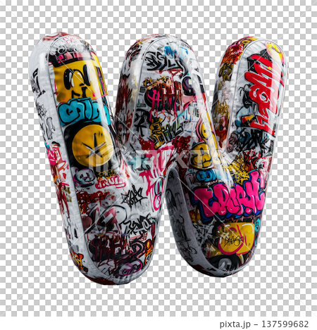 Inflatable letter W covered in graffiti art isolated on white background, representing urban creativity and bold street concept 137599682