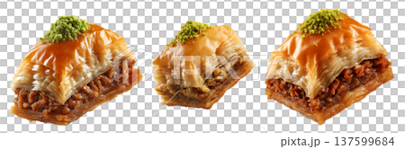 Set of Turkish baklava filled with pistachios and syrup, cut square triangle isolated on white transparent background Set of Turkish baklava filled with pistachios and syrup, cut square triangle isolated on white transparent background 137599684