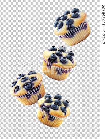 Multiple fresh blueberry muffins in scattered arrangement, isolated on white background. Concept of tasty homemade baking 137599700