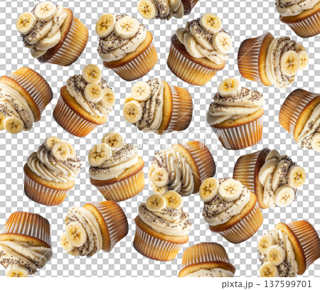 Banana cupcakes topped with cream frosting, banana slices, and chia seeds, isolated on a white background Banana cupcakes topped with cream frosting, banana slices, and chia seeds, isolated on a white background 137599701