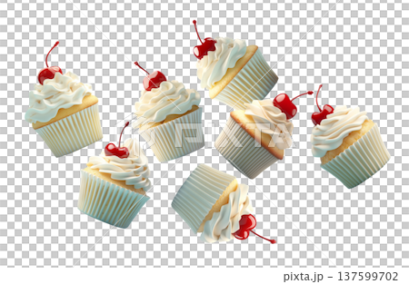 Multiple vanilla cupcakes topped with whipped cream and cherry scattered and on white background, sweet dessert concept 137599702