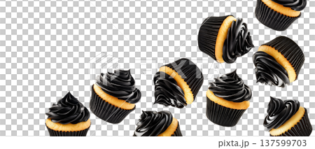 Delicious vanilla cupcakes with rich black frosting scattered randomly and on white background, concept of dessert, celebration Delicious vanilla cupcakes with rich black frosting scattered randomly and on white background, concept of dessert, celebration 137599703