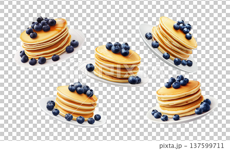 Multiple stacks of golden pancakes topped with fresh blueberries on plates, isolated on white background, breakfast food pattern Multiple stacks of golden pancakes topped with fresh blueberries on plates, isolated on white background, breakfast food pattern 137599711