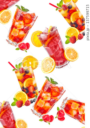 Savor a refreshing iced raspberry beverage with fruit and mint under the warm summer sun Savor a refreshing iced raspberry beverage with fruit and mint under the warm summer sun 137599715