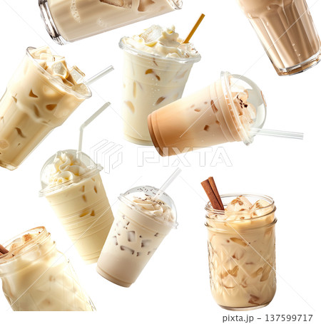 Multiple iced coffee beverages with cream or horchata isolated on white background, concept of refreshing cold drinks 137599717