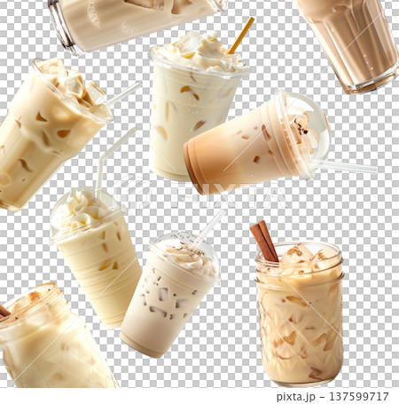 Multiple iced coffee beverages with cream or horchata isolated on white background, concept of refreshing cold drinks 137599717