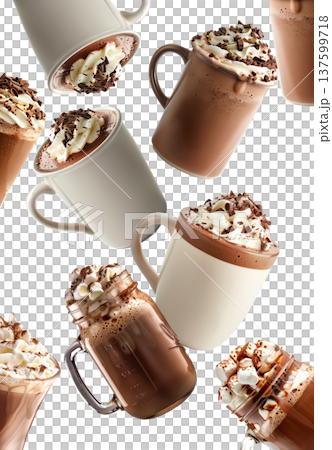 Hot chocolate drinks in various mugs with whipped cream isolated on white background showing warm beverage concept 137599718