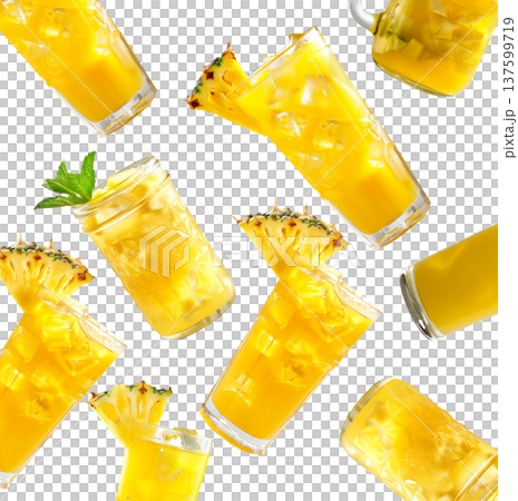 Multiple glasses of pineapple juice with ice isolated on white background, showing refreshing drink concept Multiple glasses of pineapple juice with ice isolated on white background, showing refreshing drink concept 137599719