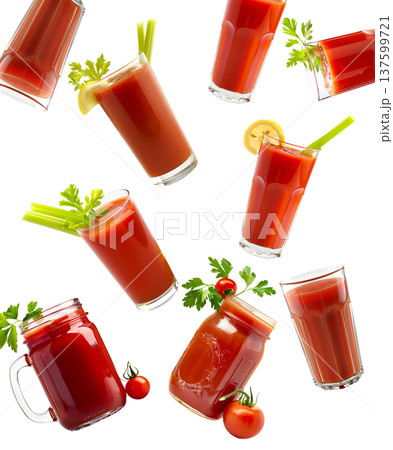 Multiple tomato juice glasses with celery and herbs isolated on white background, concept of freshness Multiple tomato juice glasses with celery and herbs isolated on white background, concept of freshness 137599721