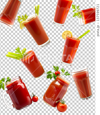 Multiple tomato juice glasses with celery and herbs isolated on white background, concept of freshness Multiple tomato juice glasses with celery and herbs isolated on white background, concept of freshness 137599721
