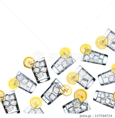 Multiple glasses of sparkling mineral water with lemon slices isolated on white background, expressing freshness 137599724