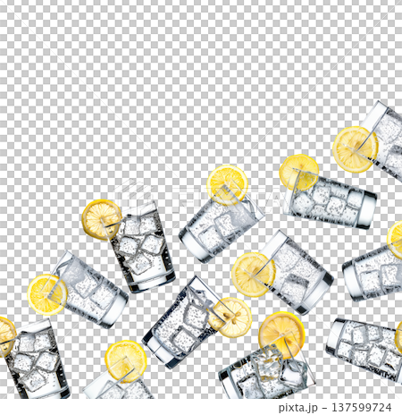 Multiple glasses of sparkling mineral water with lemon slices isolated on white background, expressing freshness 137599724