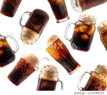 Various iced coffee drinks in jars and glasses isolated on white background showing refreshing beverage concept Various iced coffee drinks in jars and glasses isolated on white background showing refreshing beverage concept 137599725