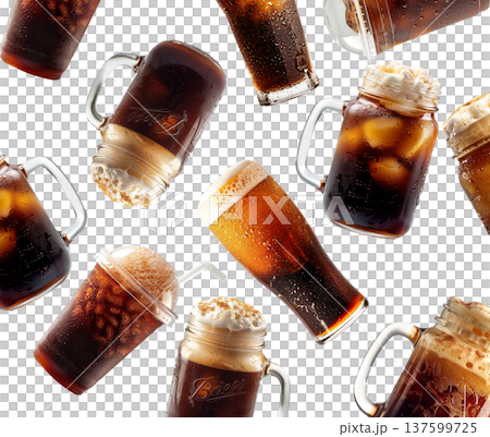 Various iced coffee drinks in jars and glasses isolated on white background showing refreshing beverage concept Various iced coffee drinks in jars and glasses isolated on white background showing refreshing beverage concept 137599725