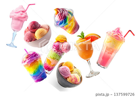 Assorted vibrant frozen beverages sherbet and ice cream isolated on white background, expressing summer refreshment concept Assorted vibrant frozen beverages sherbet and ice cream isolated on white background, expressing summer refreshment concept 137599726