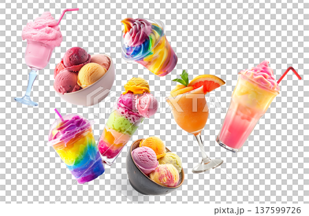 Assorted vibrant frozen beverages sherbet and ice cream isolated on white background, expressing summer refreshment concept Assorted vibrant frozen beverages sherbet and ice cream isolated on white background, expressing summer refreshment concept 137599726