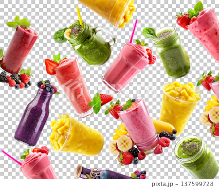 Assorted fruit and green smoothies in clear jars, isolated on white backdrop, concept of healthy freshness Assorted fruit and green smoothies in clear jars, isolated on white backdrop, concept of healthy freshness 137599728