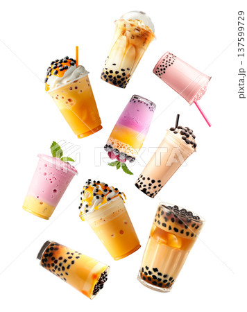 Various colorful bubble tea drinks shown isolated on white background, concept of freshness and sweet beverages Various colorful bubble tea drinks shown isolated on white background, concept of freshness and sweet beverages 137599729