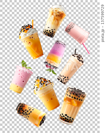 Various colorful bubble tea drinks shown isolated on white background, concept of freshness and sweet beverages Various colorful bubble tea drinks shown isolated on white background, concept of freshness and sweet beverages 137599729
