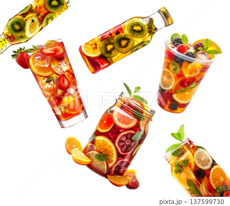 Assorted tea fruity beverages in glass containers isolated on white background, expressing a refreshing drink concept 137599730