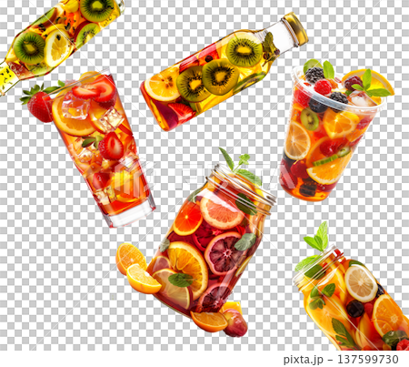 Assorted tea fruity beverages in glass containers isolated on white background, expressing a refreshing drink concept 137599730