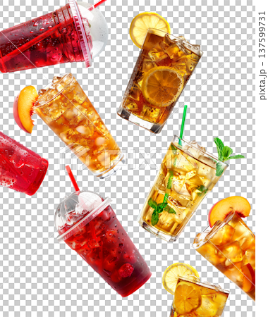Iced fruit tea and berry drinks in cups and glasses isolated on white background, concept of refreshing beverages 137599731
