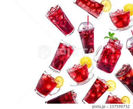 Various hibiscus iced tea drinks in clear jars with herbs isolated on white, concept of refreshing summer beverages 137599732
