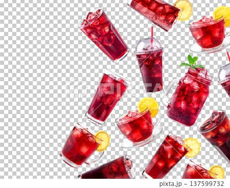 Various hibiscus iced tea drinks in clear jars with herbs isolated on white, concept of refreshing summer beverages 137599732