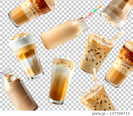 Various iced coffee beverages or tea milk isolated on white background, showing refreshing drink concept idea theme Various iced coffee beverages or tea milk isolated on white background, showing refreshing drink concept idea theme 137599733