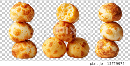 Stack of Brazilian cheesy bread balls with golden crust and holes, isolated on white background, concept of Pao de Queijo food 137599734
