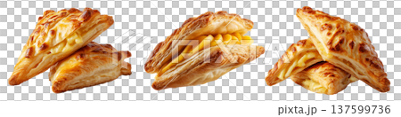 Flaky filled puff pastries pocket with melted cheese oozing out, isolated on white background, concept of Brazil snack Flaky filled puff pastries pocket with melted cheese oozing out, isolated on white background, concept of Brazil snack 137599736