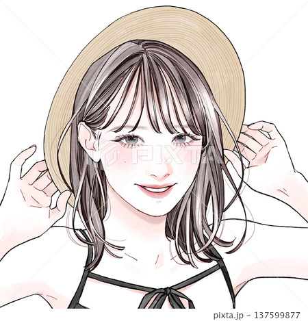帽子をおさえている女性 137599877