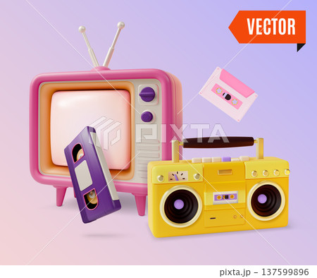 3d Colorful Retro Electronics Analog Device Television, Boombox, and Video Cassette Concept Cartoon Design Style. Vector illustration 137599896