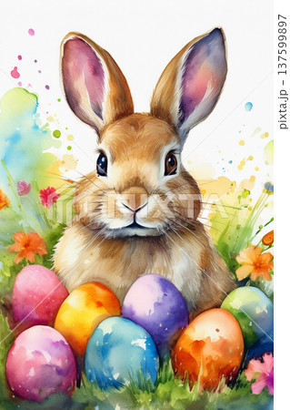 Easter bunny watercolor with colorful decorated eggs 137599897