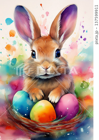 Easter bunny sitting with colorful eggs in nest 137599911