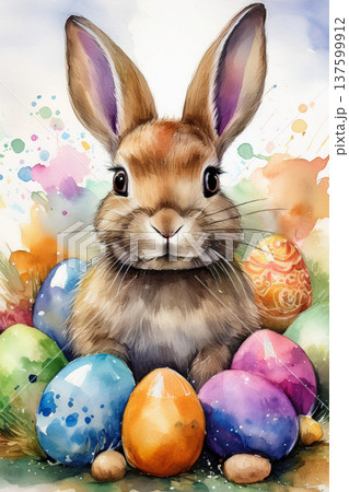 Easter bunny with colorful eggs watercolor illustration 137599912
