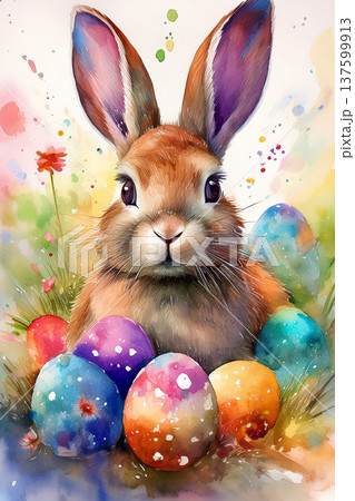 Easter bunny with colorful watercolor eggs and spring flowers 137599913