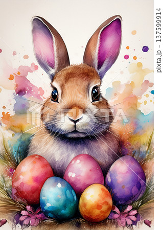 Easter bunny with colorful watercolor eggs and spring splashes Easter bunny with colorful watercolor eggs and spring splashes 137599914