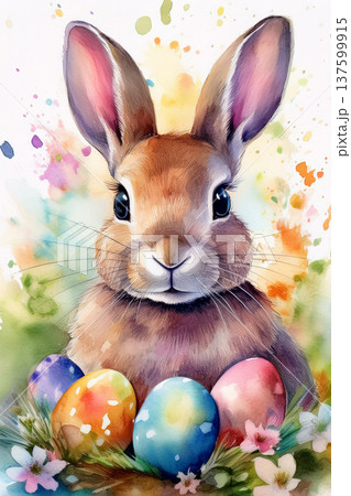 Easter bunny with colorful watercolor eggs and splashes Easter bunny with colorful watercolor eggs and splashes 137599915