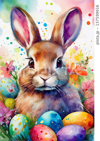 Easter bunny with watercolor eggs and spring flowers 137599916