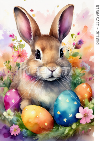 Easter bunny amidst colorful eggs and flowers watercolor 137599918