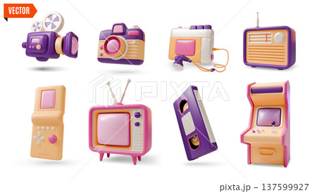 3d Colorful Retro Electronics Analog Device Set Concept Cartoon Design Style. Vector illustration of Radio, Tv, Cassette Player and Arcade Machine 3d Colorful Retro Electronics Analog Device Set Concept Cartoon Design Style. Vector illustration of Radio, Tv, Cassette Player and Arcade Machine 137599927