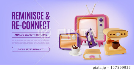 3d Reminisce Reconnect Analog Warmth Returns Order Retro Media Kit Concept Ads Banner Poster Card Cartoon Design Style. Vector illustration 137599935
