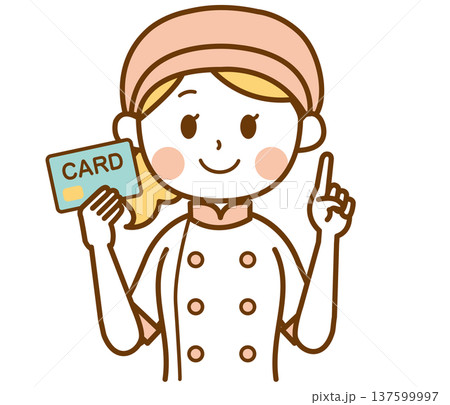 カードを持って説明するパン屋の女性スタッフのイラスト 137599997